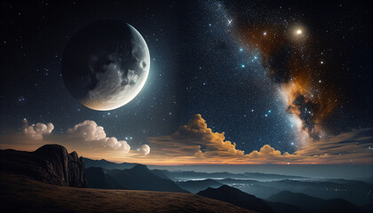Fototapeta na wymiar 幻想的な夜空と月のイラスト