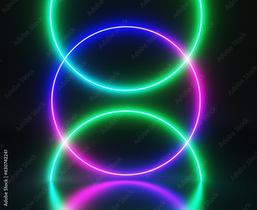 Aufkleber 3d render abstract background with neon circle frames, round lights of laser show on stage. overlay 