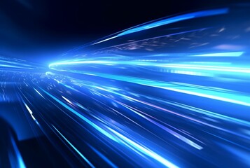 Abstract technology glowing futuristic blue light lines with speed motion blur effect on dark blue background. generative ai