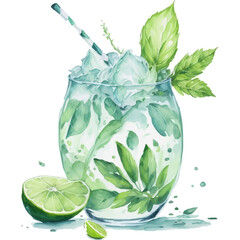 Mojito cocktails in stylish glasses adorned with fresh mint leaves and zesty lime slices, watercolor stile