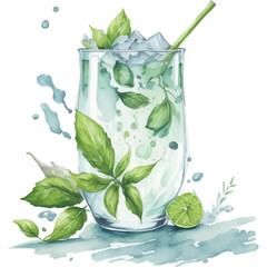 Watercolor Mojito Cocktail in stylish glasses adorned with fresh mint leaves and zesty lime slices