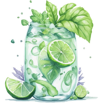 Watercolor Illustrations of Refreshing Drinks with Mint Leaves and Lime Slices