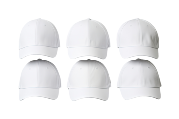 A white baseball cap without any designs is displayed in four different angles against a plain white backdrop.