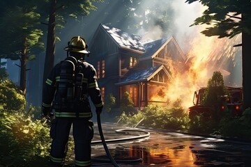 The illustration depicts a helpless firefighter watching as a house burns, capturing the intensity and helplessness of the moment. Generative Ai.