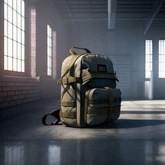 very detailed heavy backpack like a military backpack in the warehouse or checkpoint background