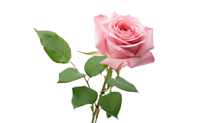 Pink roses flowers standing alone on a white background. The bud and leaf of a light pink rose flower are separate and isolated against the white backdrop. This particular rose is known for its