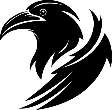 Graphic logo design template for emblem. Image of bird portrait for company use or tattoo.Raven isolate on white. Crow abstract character illustration.