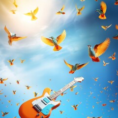 Obraz premium A bird takes flight near an orange electric guitar against a blue sky. Conceptual representation of music, symbolizing melodies emanating like a bird from the guitar