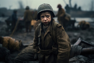 Dirty child soldier, little boy in helmet standing in ruined city in trench in war. Social tragedy