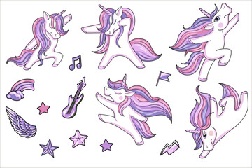 vector illustration pink ponies in dance different poses collection set