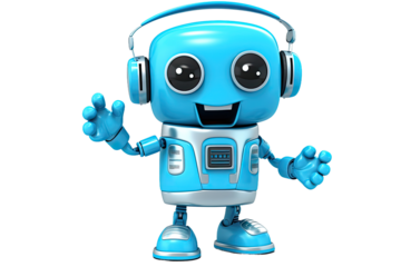 A 3D illustration of a charming blue robot raising its hand can be seen in the picture. The robot appears to be waving and is depicted standing alone against a white background.