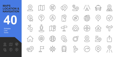 Location Line editable icons set. Vector illustration in modern thin line style of icons: navigation, location, contains map with a pin, route map, navigator, direction and more.