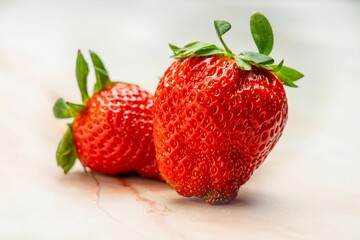 Closeup shot of two ripe strawberries.