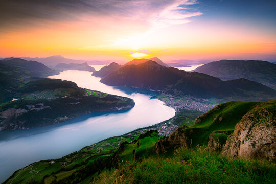 Imminent sunset over lake Lucerne as viewed from Fronalpstock, Switzerland