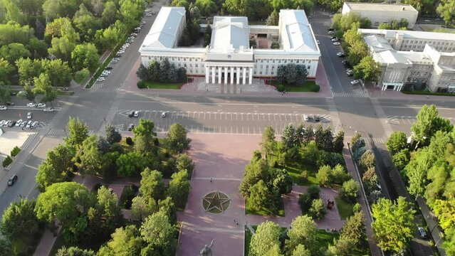 Goverment building Bishkek Kyrgystan. Aerial drone view. Flying over. High quality 4k footage