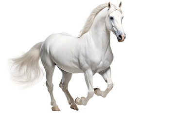 A galloping stallion of the Akhal-Teke breed on a white surface.