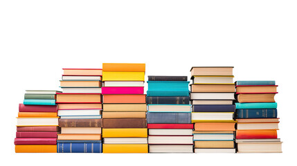A pile of vibrant books stands alone on a white background. Assorted books are gathered together,...