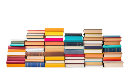 A pile of vibrant books stands alone on a white background. Assorted books are gathered together, including hardcover ones intended for reading. This represents the ideas of going back to school and