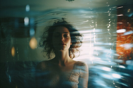 A young woman with closed eyes is surrounded by transparent waves resembling water and various light effects. Artistic, hypnotic and mysterious image. 