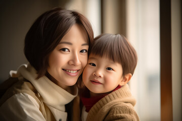 Happy Asian mom hold in hands hug cute little baby show love care. Smiling mother embrace cuddle infant child. Motherhood, childcare concept. Generative AI.
