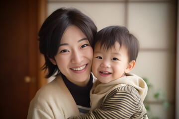 Happy Asian mom hold in hands hug cute little baby show love care. Smiling mother embrace cuddle infant child. Motherhood, childcare concept. Generative AI.