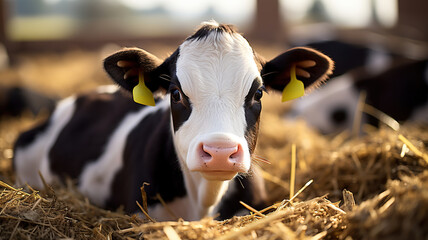 The Holstein Calf Resting in Straw at the Dairy Farm. Generative AI - obrazy, fototapety, plakaty
