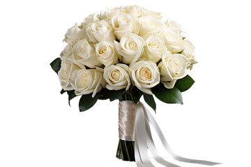 A wedding bouquet consisting of white roses is separated and placed against a white backdrop.
