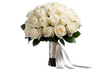 A wedding bouquet consisting of white roses is separated and placed against a white backdrop.