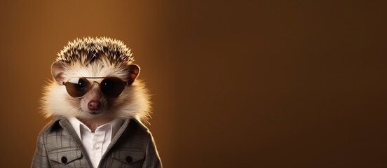A portrait of a funky hedgehog wearing aviator sunglasses, business jacket on a seamless brown background, copy space for text. Generative AI technology