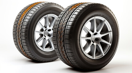 Winter and summer auto tires. A pair of tires. Wheels of vehicles stacked up. lone automobile tires on a white background. Generative AI