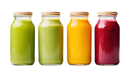 Glass bottles filled with green, yellow, orange, and red smoothies are seen on a white background from a top-down perspective. The image includes a clipping path.