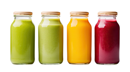 Glass bottles filled with green, yellow, orange, and red smoothies are seen on a white background from a top-down perspective. The image includes a clipping path.