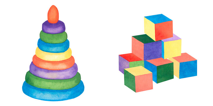 Children's toy. Watercolor illustration of a pyramid and cubes on a white background. Illustration for children