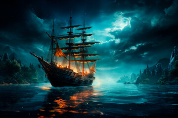 Ship floating on the waves in front of bright night sky with a stars and moon light