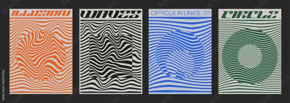 Poster swiss design posters. set of geometric optical illusion art patterns. cool abstract striped textures