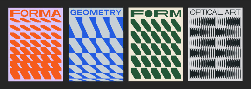 Postmodern Graphic Design Posters Set. Collection of Abstract Geometric Placards Vector Design. Swiss Design Retro Shape Textures.