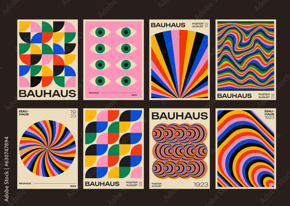 Poster cool bauhaus posters collection. trendy abstract geometric patterns. graphic design geometry colorfu