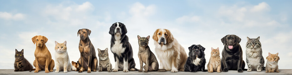 Group of cats and dogs in front of blue background