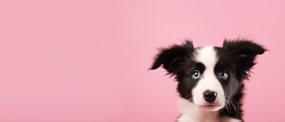 close-up banner with puppy dog, isolated on pink background with copy space