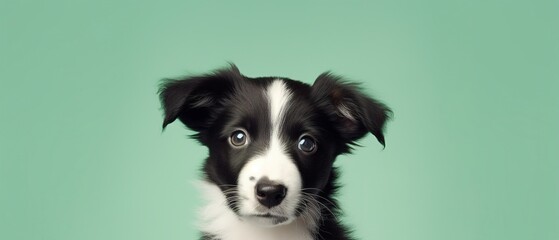 close-up banner with puppy dog, isolated on green background with copy space