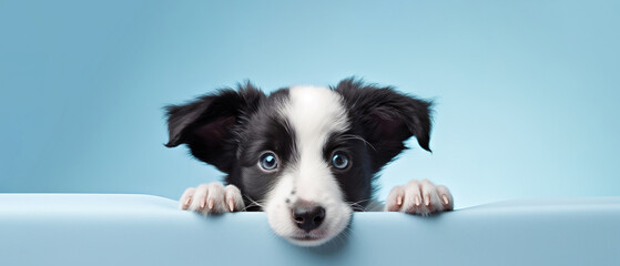 close-up banner with puppy dog, isolated on blue background with copy space