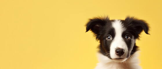 close-up banner with puppy dog, isolated on yellow background with copy space