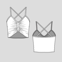 Fashion Camisole Sexy Tank top Front Elastic Gathering Crisscross back Sleeveless Cami t shirt Cad Flat Sketch technical drawing template design vector
