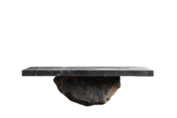 An empty table made of granite sits on a wall with a grey background, used for displaying products.