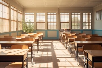 Empty classroom with chairs, desks and big windows at school. Education or Back to school concept.