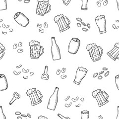 Seamless Pattern Beer doodle icons. Vector illustration of Pub elements beer and snacks. Background wallpaper Oktoberfest or bar.