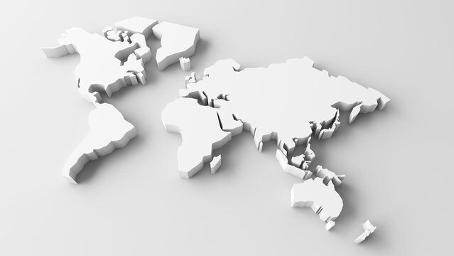 Fototapeta Minimal world map, flat 3d world map illustration, white background world map, 3d rendering