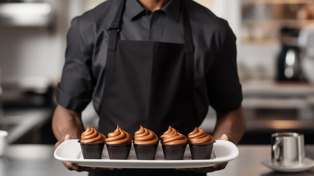 A coffee-chocolate mousse recipe being presented as a dessert by a waiter dressed in a black shirt and apron.