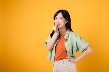 Embrace happiness with a young Asian woman in her 30s, dressed in an orange shirt and green jumper....