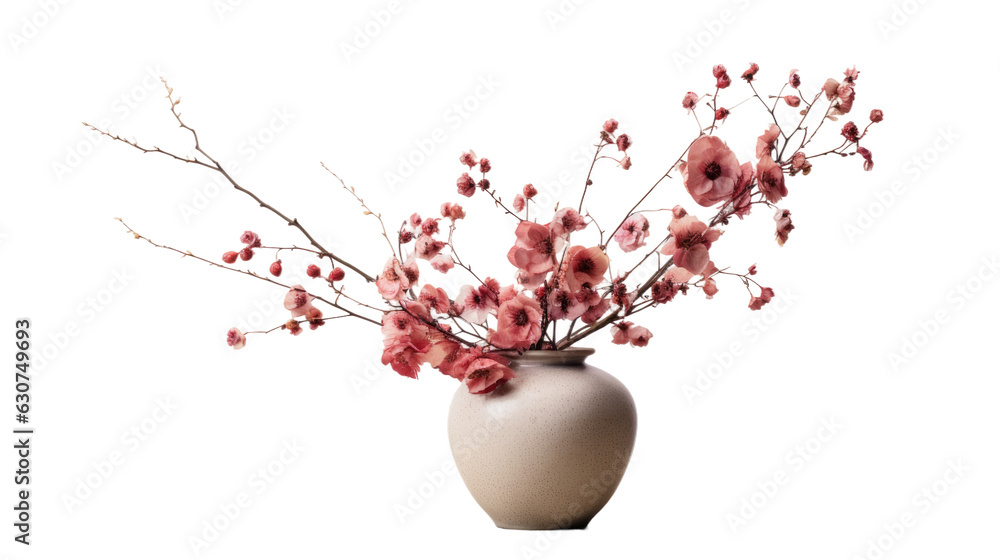 Wall mural dried pink flowers for decoration placed in a green ceramic vase are seen against a plain white back - Wall murals